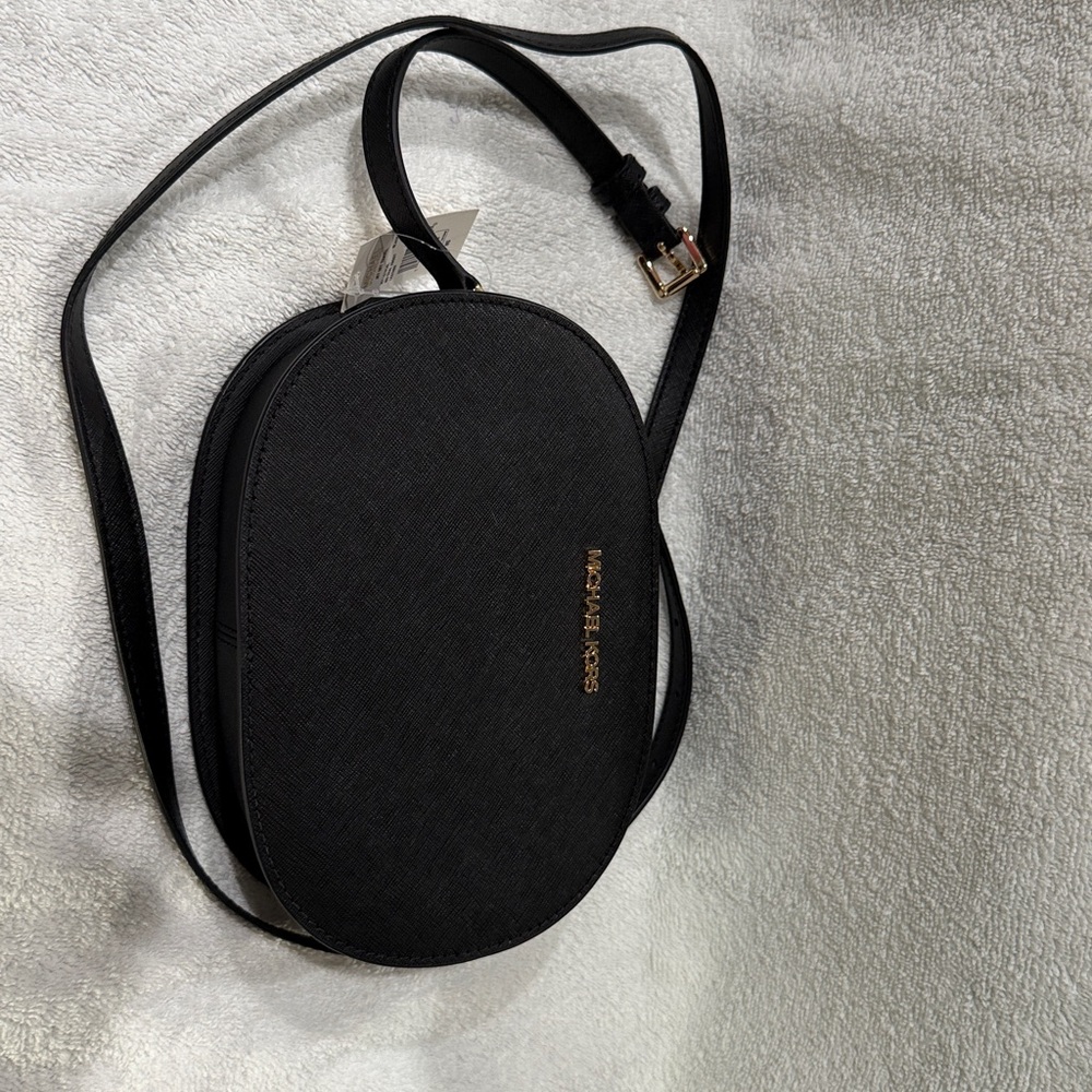 Michael Kors Black Oval Saffiano Crossbody with Gold Chain